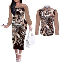 Aloha Mocha Mousse Tribal Honu Tattoo Couples Matching Off The Shoulder Long Sleeve Dress and Long Sleeve Button Shirt