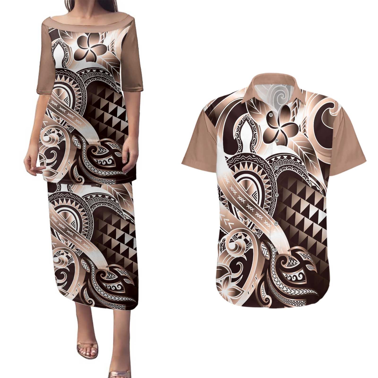 Aloha Mocha Mousse Tribal Honu Tattoo Couples Matching Puletasi and Hawaiian Shirt