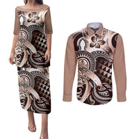 Aloha Mocha Mousse Tribal Honu Tattoo Couples Matching Puletasi and Long Sleeve Button Shirt