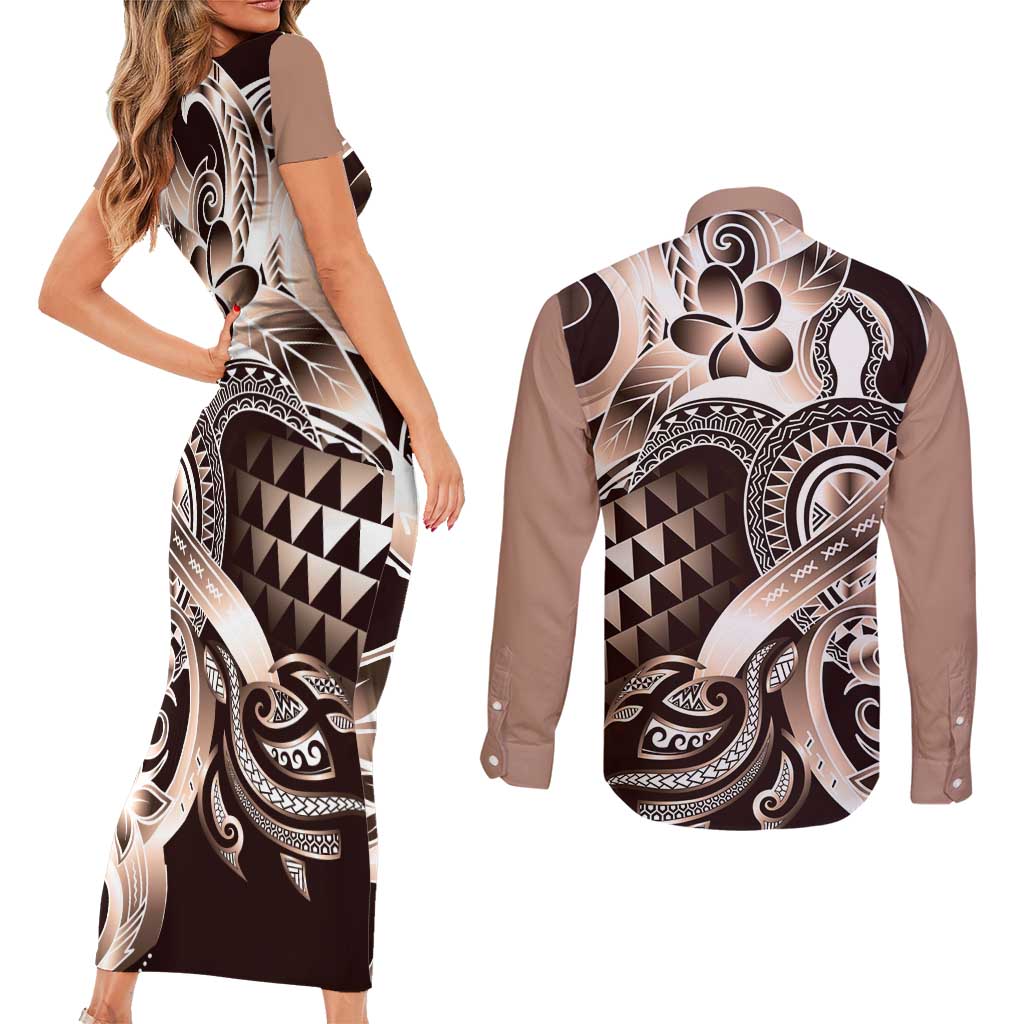 Aloha Mocha Mousse Tribal Honu Tattoo Couples Matching Short Sleeve Bodycon Dress and Long Sleeve Button Shirt