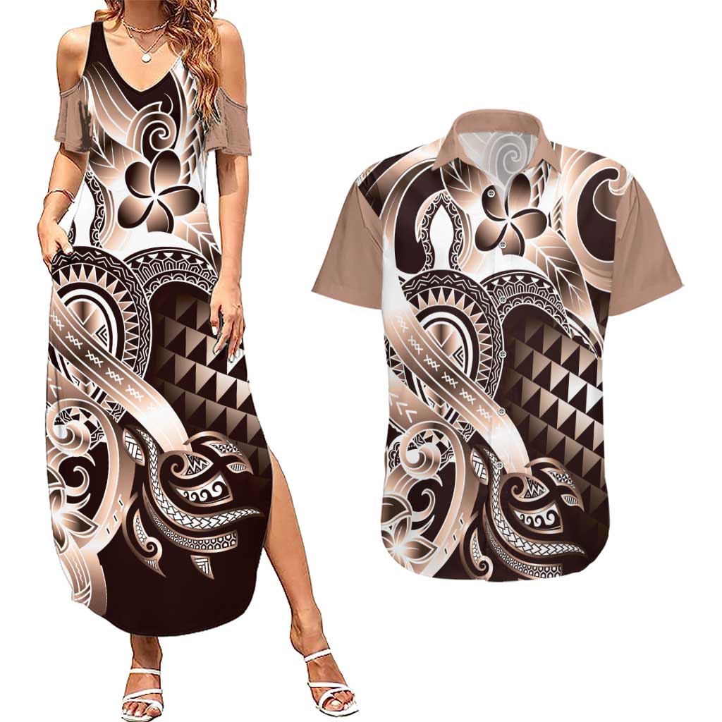 Aloha Mocha Mousse Tribal Honu Tattoo Couples Matching Summer Maxi Dress and Hawaiian Shirt