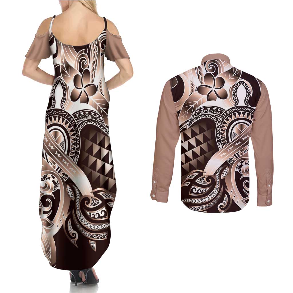 Aloha Mocha Mousse Tribal Honu Tattoo Couples Matching Summer Maxi Dress and Long Sleeve Button Shirt