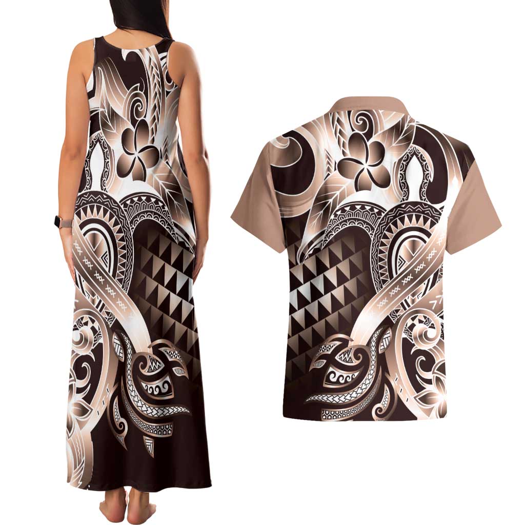 Aloha Mocha Mousse Tribal Honu Tattoo Couples Matching Tank Maxi Dress and Hawaiian Shirt