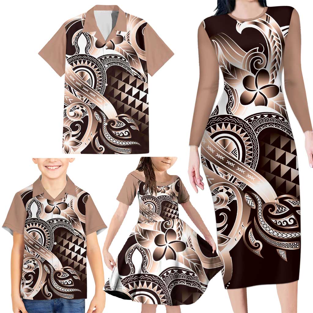Aloha Mocha Mousse Tribal Honu Tattoo Family Matching Long Sleeve Bodycon Dress and Hawaiian Shirt