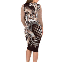Aloha Mocha Mousse Tribal Honu Tattoo Family Matching Long Sleeve Bodycon Dress and Hawaiian Shirt
