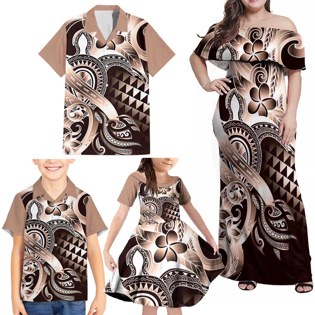 Aloha Mocha Mousse Tribal Honu Tattoo Family Matching Off Shoulder Maxi Dress and Hawaiian Shirt LT9 - Polynesian Pride
