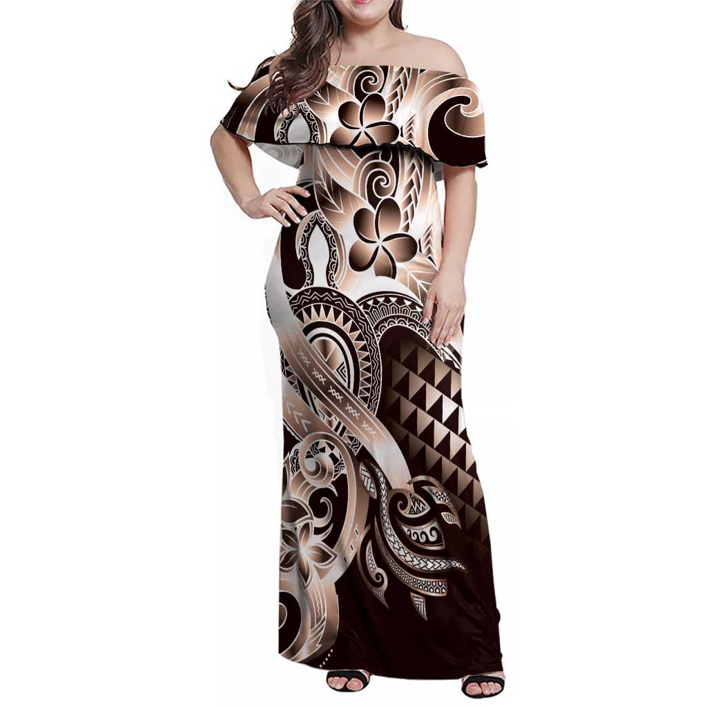 Aloha Mocha Mousse Tribal Honu Tattoo Family Matching Off Shoulder Maxi Dress and Hawaiian Shirt LT9 Mom's Dress Mocha Mousse - Polynesian Pride