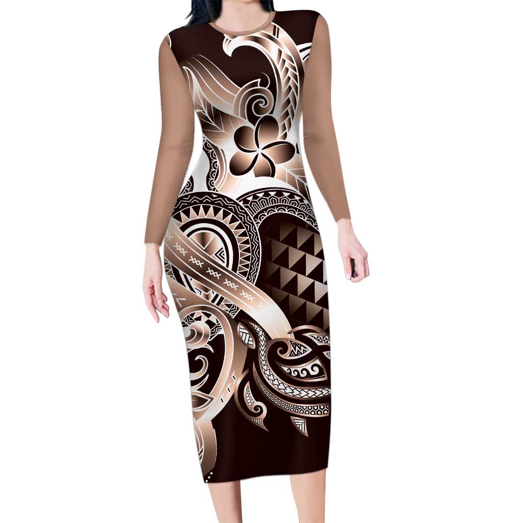 Aloha Mocha Mousse Tribal Honu Tattoo Long Sleeve Bodycon Dress