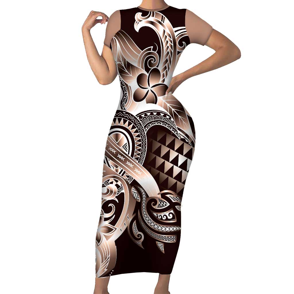 Aloha Mocha Mousse Tribal Honu Tattoo Short Sleeve Bodycon Dress