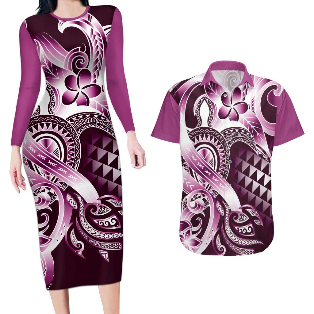 Aloha Pink Tribal Honu Tattoo Couples Matching Long Sleeve Bodycon Dress and Hawaiian Shirt