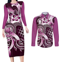 Aloha Pink Tribal Honu Tattoo Couples Matching Long Sleeve Bodycon Dress and Long Sleeve Button Shirt