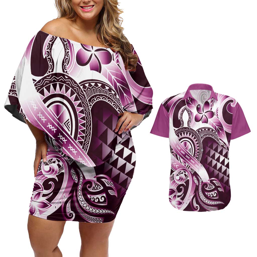 Aloha Pink Tribal Honu Tattoo Couples Matching Off Shoulder Short Dress and Hawaiian Shirt