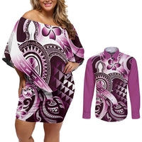 Aloha Pink Tribal Honu Tattoo Couples Matching Off Shoulder Short Dress and Long Sleeve Button Shirt