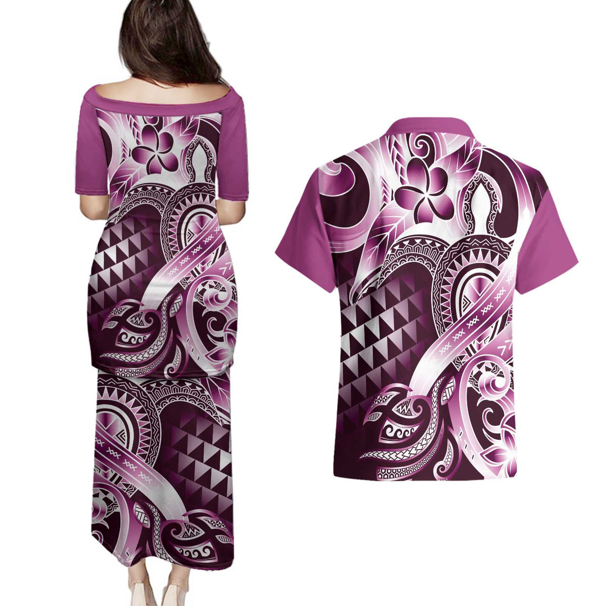 Aloha Pink Tribal Honu Tattoo Couples Matching Puletasi and Hawaiian Shirt