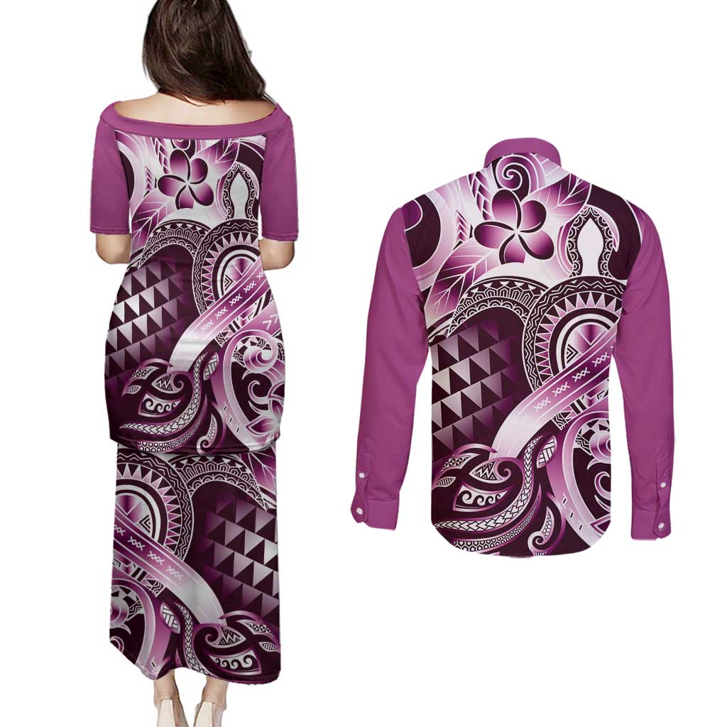 Aloha Pink Tribal Honu Tattoo Couples Matching Puletasi and Long Sleeve Button Shirt