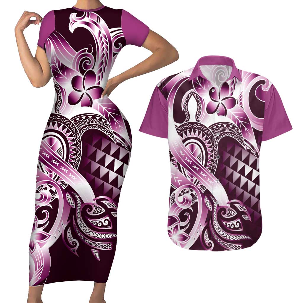 Aloha Pink Tribal Honu Tattoo Couples Matching Short Sleeve Bodycon Dress and Hawaiian Shirt