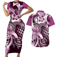 Aloha Pink Tribal Honu Tattoo Couples Matching Short Sleeve Bodycon Dress and Hawaiian Shirt