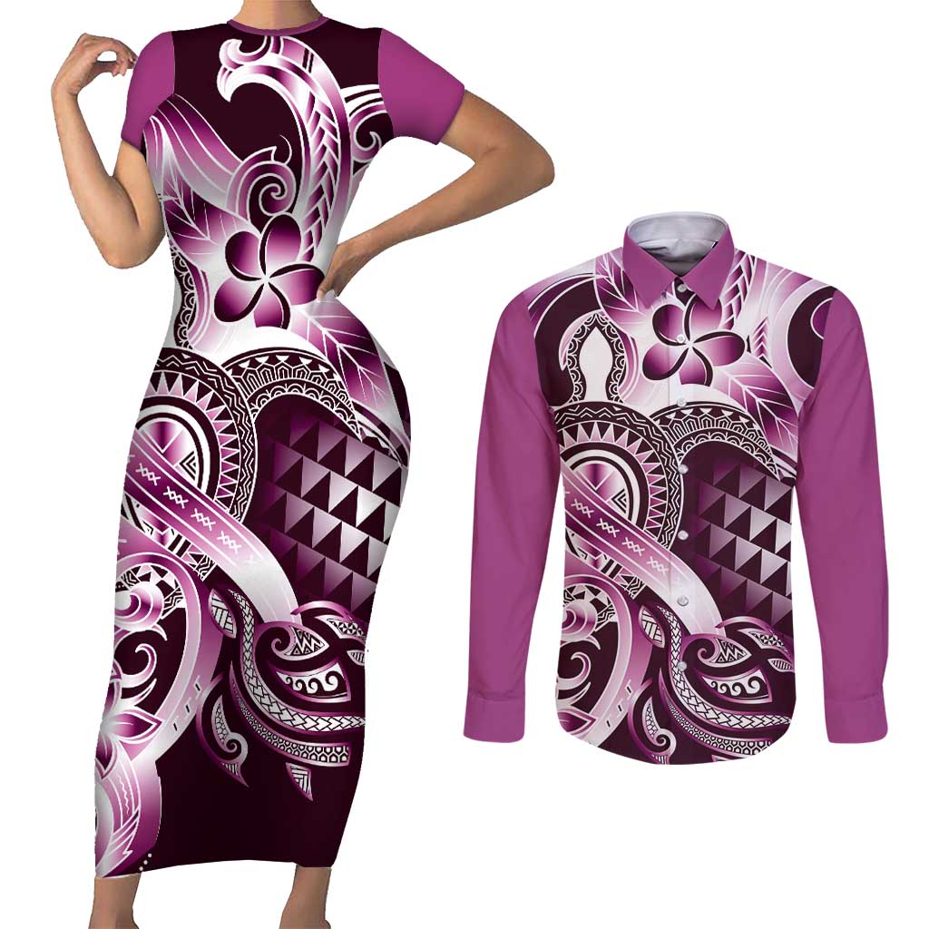 Aloha Pink Tribal Honu Tattoo Couples Matching Short Sleeve Bodycon Dress and Long Sleeve Button Shirt