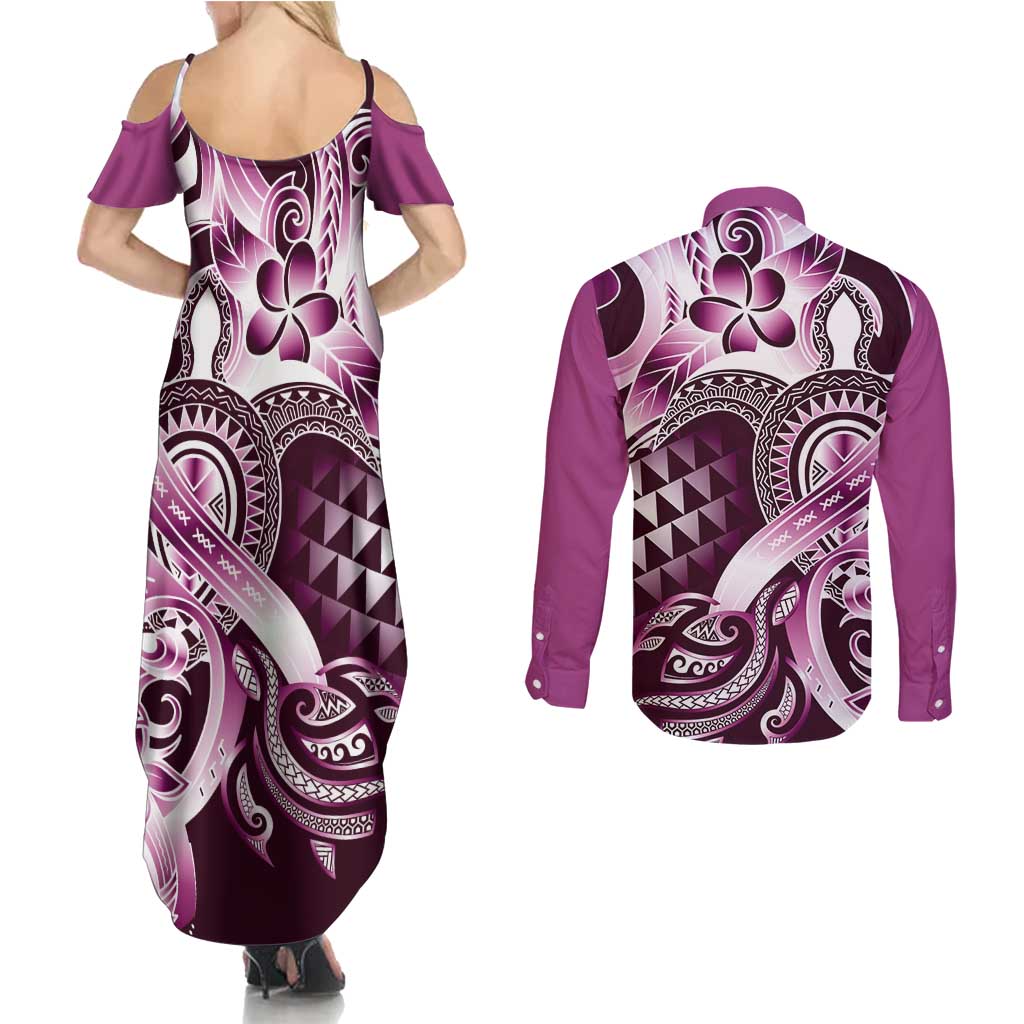Aloha Pink Tribal Honu Tattoo Couples Matching Summer Maxi Dress and Long Sleeve Button Shirt