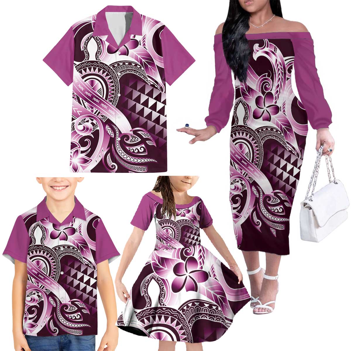 Aloha Pink Tribal Honu Tattoo Family Matching Off The Shoulder Long Sleeve Dress and Hawaiian Shirt