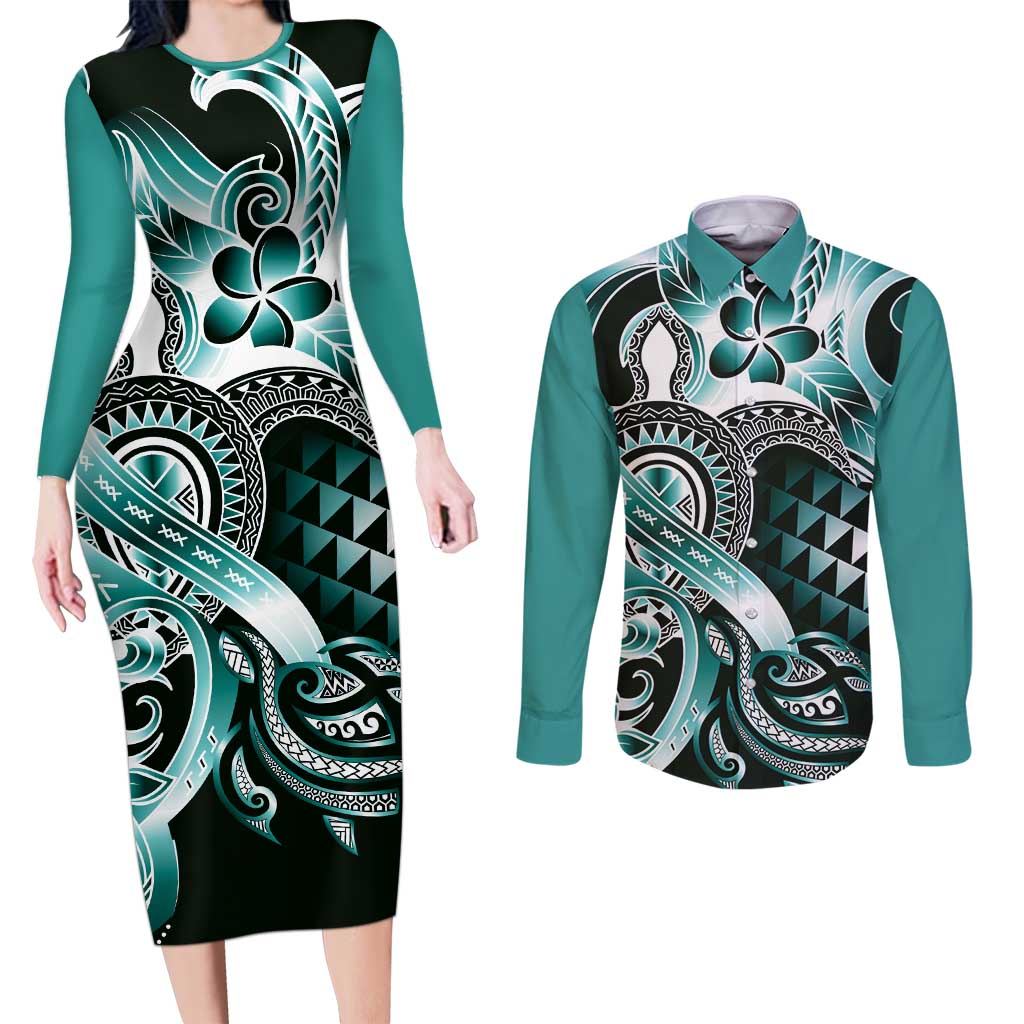 Aloha Turquoise Tribal Honu Tattoo Couples Matching Long Sleeve Bodycon Dress and Long Sleeve Button Shirt