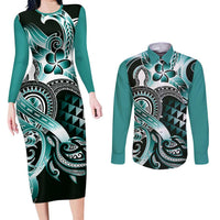 Aloha Turquoise Tribal Honu Tattoo Couples Matching Long Sleeve Bodycon Dress and Long Sleeve Button Shirt