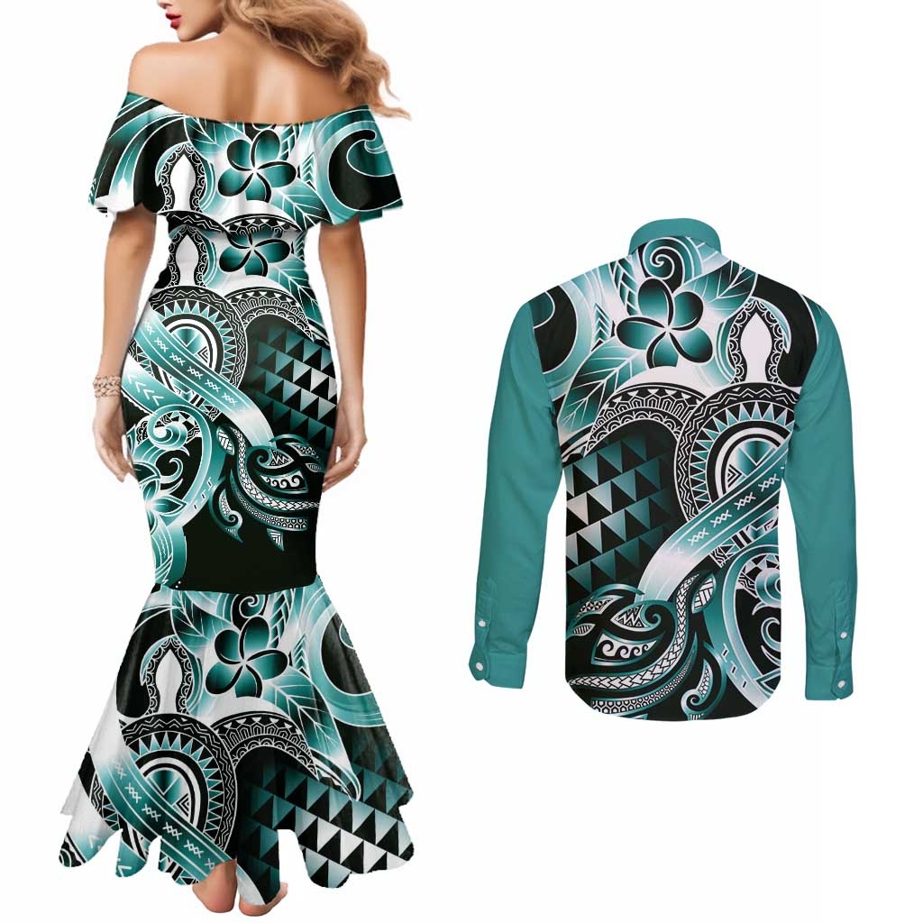 Aloha Turquoise Tribal Honu Tattoo Couples Matching Mermaid Dress and Long Sleeve Button Shirt