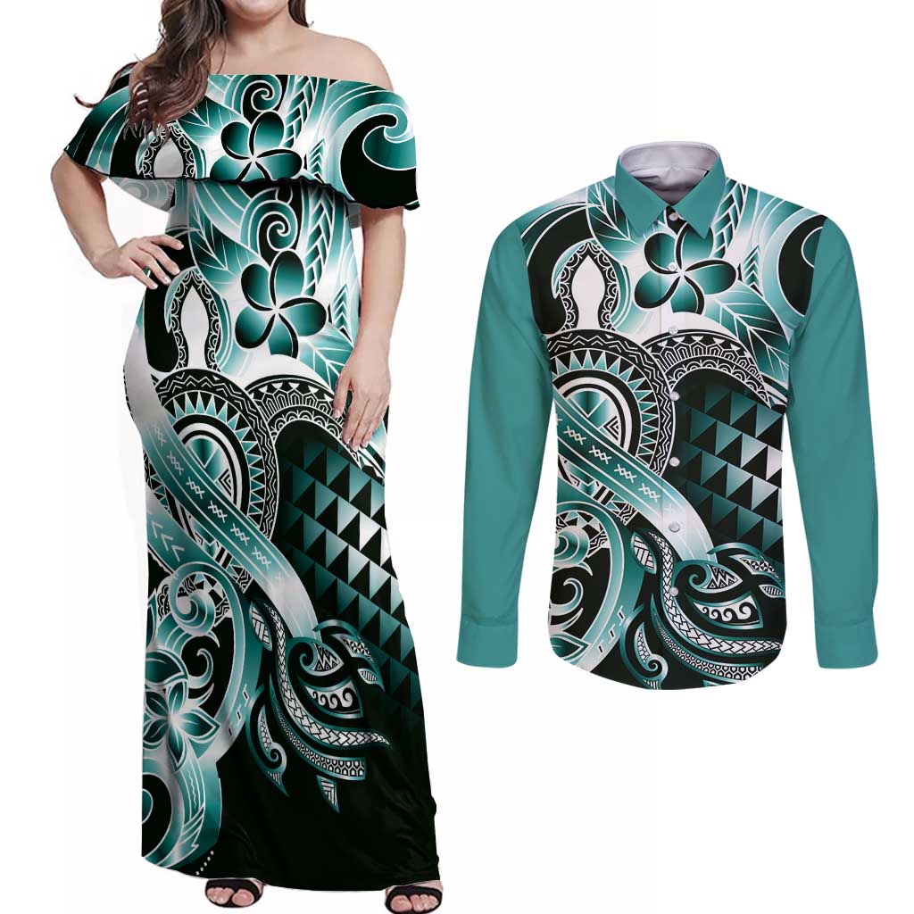 Aloha Turquoise Tribal Honu Tattoo Couples Matching Off Shoulder Maxi Dress and Long Sleeve Button Shirt