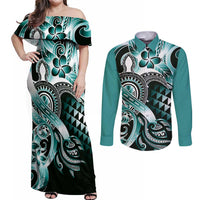 Aloha Turquoise Tribal Honu Tattoo Couples Matching Off Shoulder Maxi Dress and Long Sleeve Button Shirt