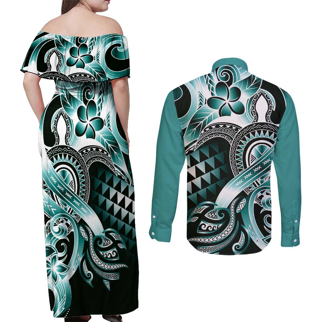Aloha Turquoise Tribal Honu Tattoo Couples Matching Off Shoulder Maxi Dress and Long Sleeve Button Shirt