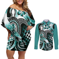 Aloha Turquoise Tribal Honu Tattoo Couples Matching Off Shoulder Short Dress and Long Sleeve Button Shirt