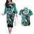 Aloha Turquoise Tribal Honu Tattoo Couples Matching Off The Shoulder Long Sleeve Dress and Hawaiian Shirt