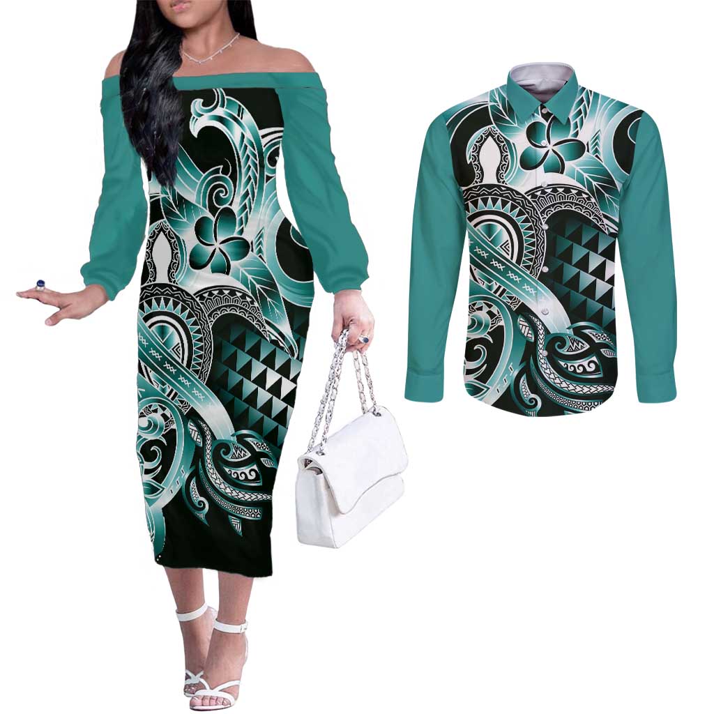 Aloha Turquoise Tribal Honu Tattoo Couples Matching Off The Shoulder Long Sleeve Dress and Long Sleeve Button Shirt
