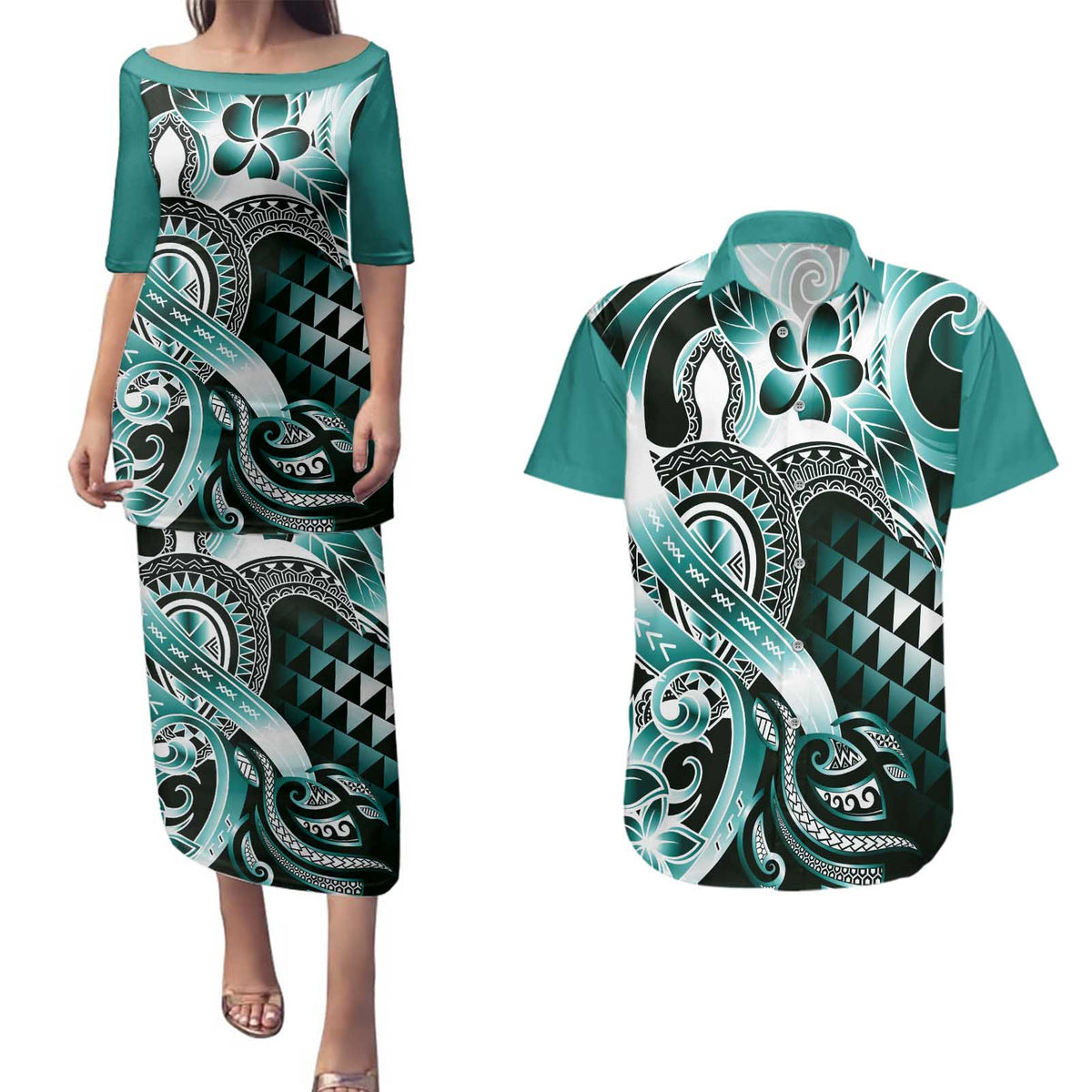 Aloha Turquoise Tribal Honu Tattoo Couples Matching Puletasi and Hawaiian Shirt