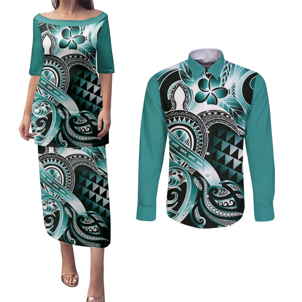 Aloha Turquoise Tribal Honu Tattoo Couples Matching Puletasi and Long Sleeve Button Shirt