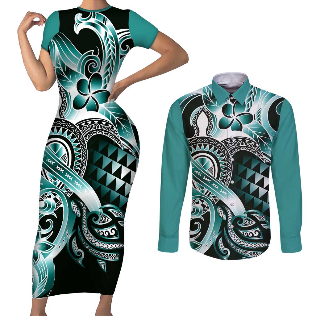 Aloha Turquoise Tribal Honu Tattoo Couples Matching Short Sleeve Bodycon Dress and Long Sleeve Button Shirt
