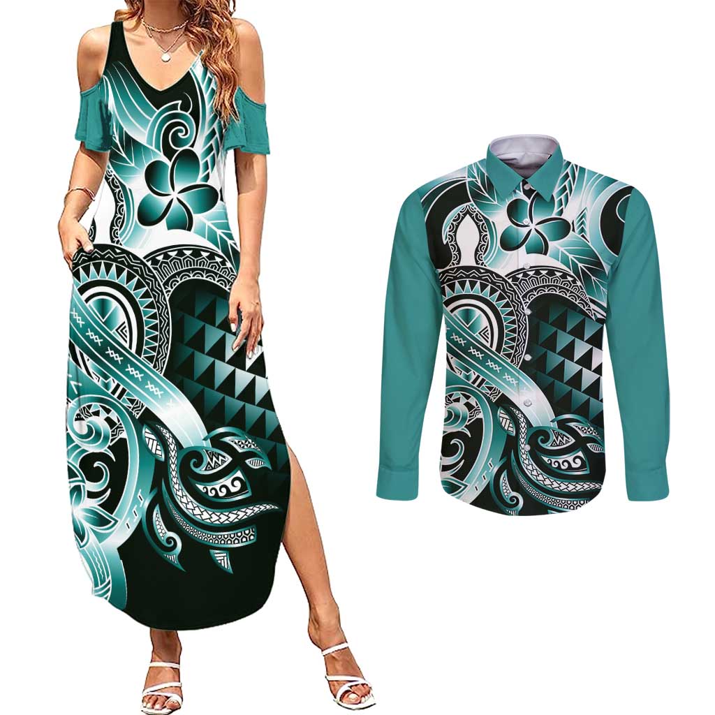 Aloha Turquoise Tribal Honu Tattoo Couples Matching Summer Maxi Dress and Long Sleeve Button Shirt