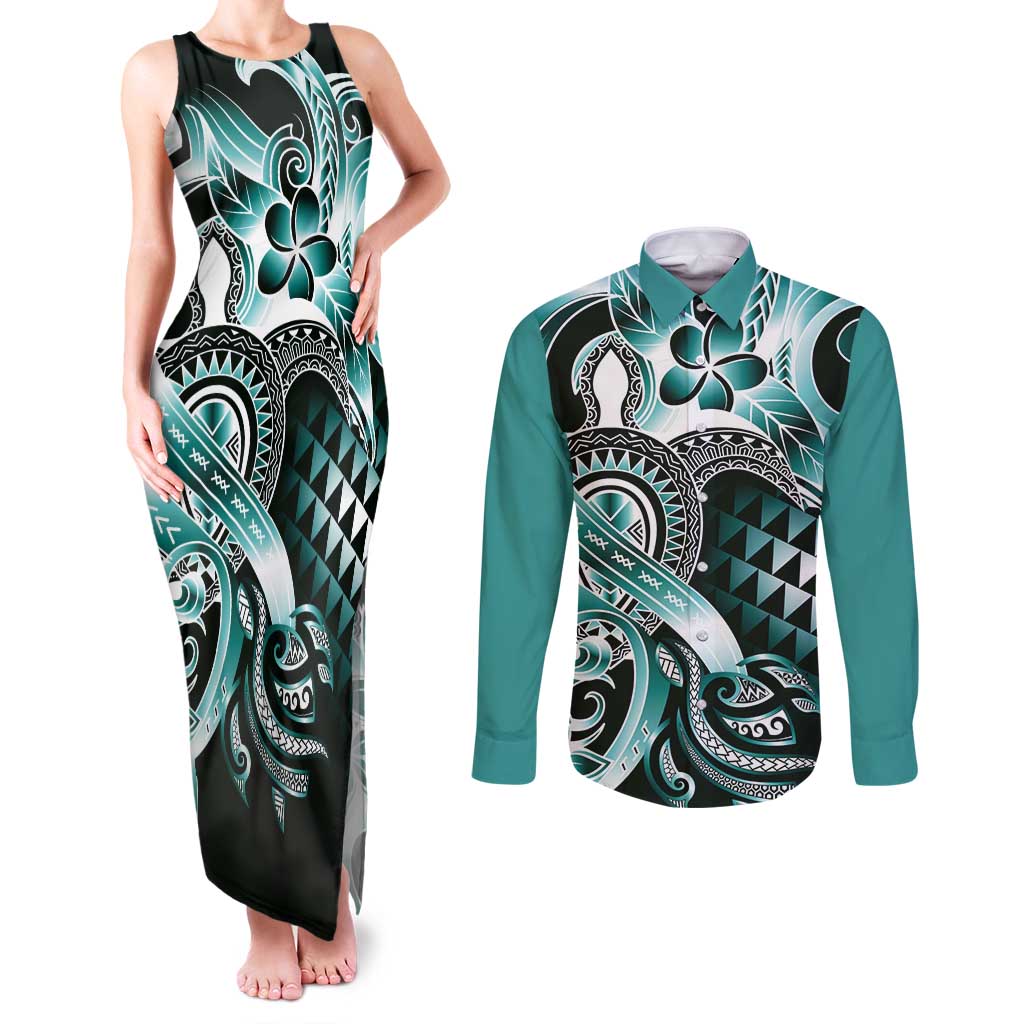 Aloha Turquoise Tribal Honu Tattoo Couples Matching Tank Maxi Dress and Long Sleeve Button Shirt
