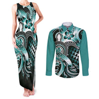 Aloha Turquoise Tribal Honu Tattoo Couples Matching Tank Maxi Dress and Long Sleeve Button Shirt