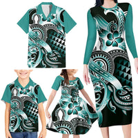 Aloha Turquoise Tribal Honu Tattoo Family Matching Long Sleeve Bodycon Dress and Hawaiian Shirt