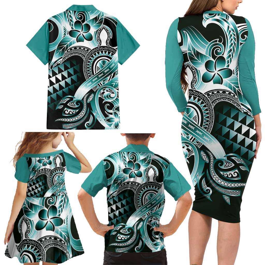 Aloha Turquoise Tribal Honu Tattoo Family Matching Long Sleeve Bodycon Dress and Hawaiian Shirt