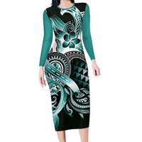 Aloha Turquoise Tribal Honu Tattoo Family Matching Long Sleeve Bodycon Dress and Hawaiian Shirt