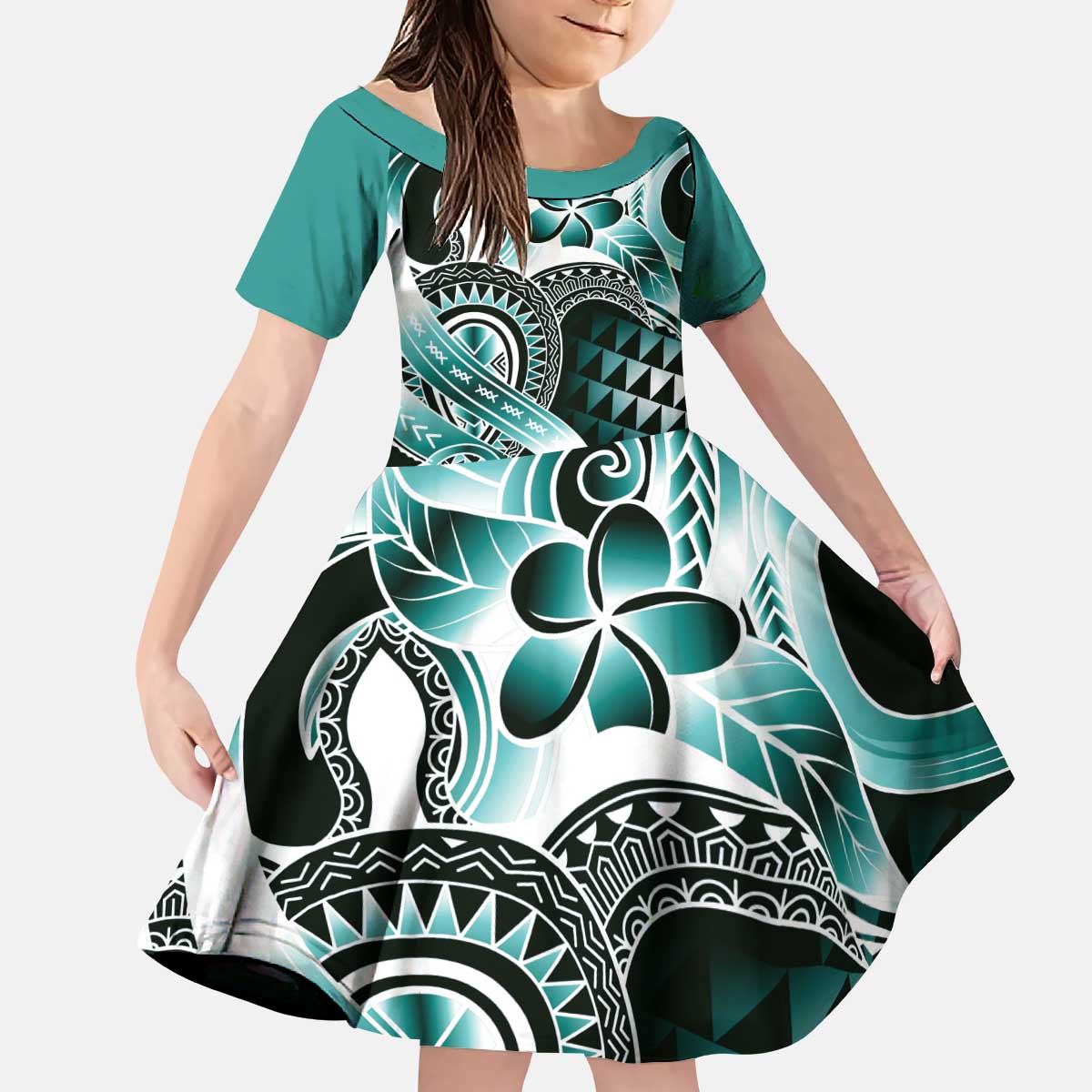 Aloha Turquoise Tribal Honu Tattoo Kid Short Sleeve Dress