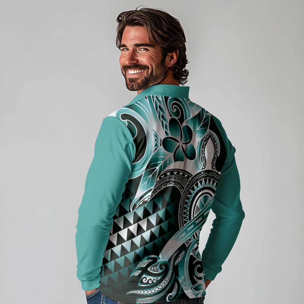 Aloha Turquoise Tribal Honu Tattoo Long Sleeve Polo Shirt