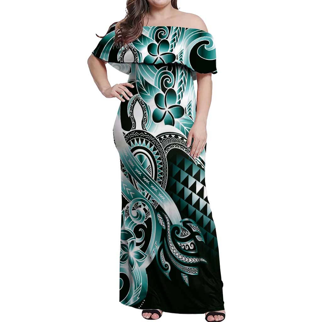 Aloha Turquoise Tribal Honu Tattoo Off Shoulder Maxi Dress