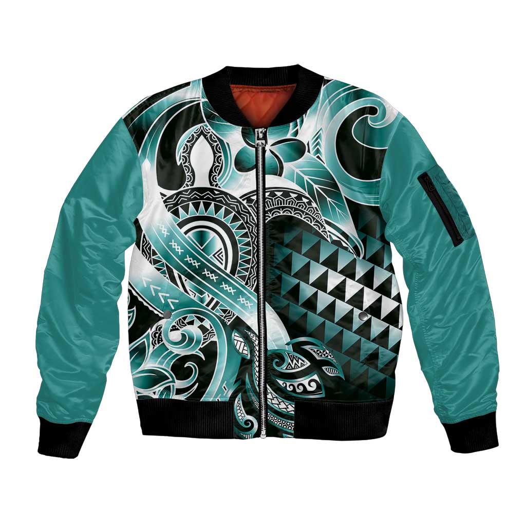 Aloha Turquoise Tribal Honu Tattoo Sleeve Zip Bomber Jacket