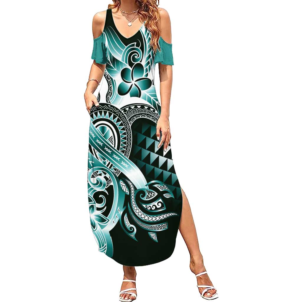 Aloha Turquoise Tribal Honu Tattoo Summer Maxi Dress