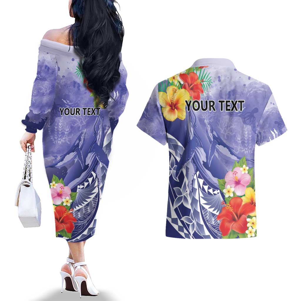 Personalised Chuuk States Humpback Whale Couples Matching Off The Shoulder Long Sleeve Dress and Hawaiian Shirt Polynesian Tropical Flowers