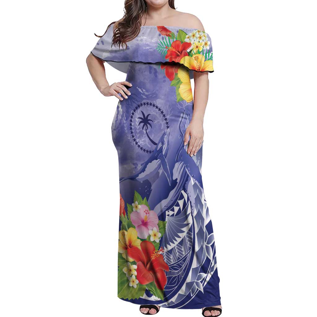 Personalised Chuuk States Humpback Whale Off Shoulder Maxi Dress Polynesian Tropical Flowers