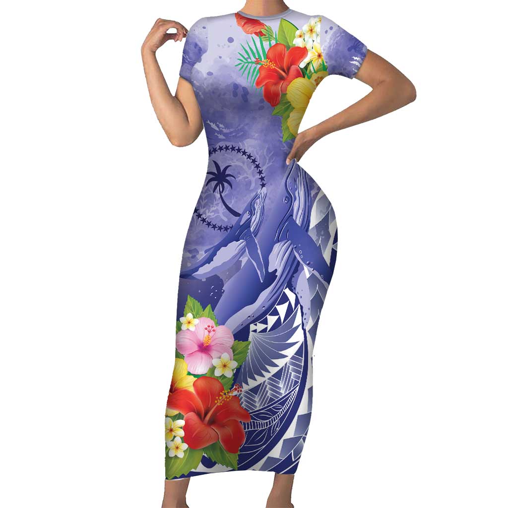 Personalised Chuuk States Humpback Whale Short Sleeve Bodycon Dress Polynesian Tropical Flowers